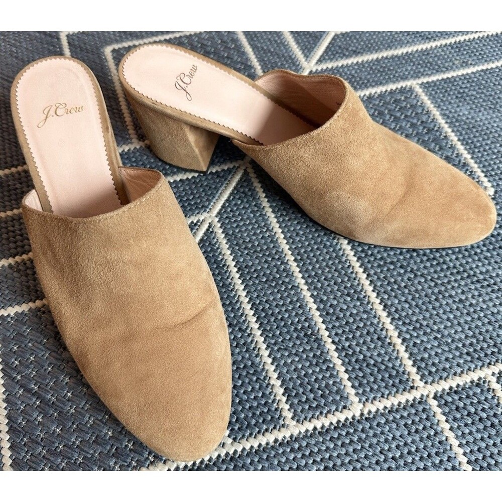 J Crew Tan Suede Pointed Toe Stacked Mid Block Heel Slip On Mules Clogs Size 9 - Picture 2 of 13